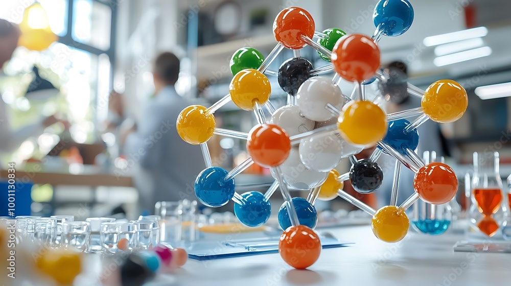 Poster a colorful molecular model rests on the lab table, scientists blurred in the background.
