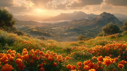 The vintage charm of rolling hills and meadows blanketed in vibrant blooms, capturing delicate petals and lush greenery in stunning detail.