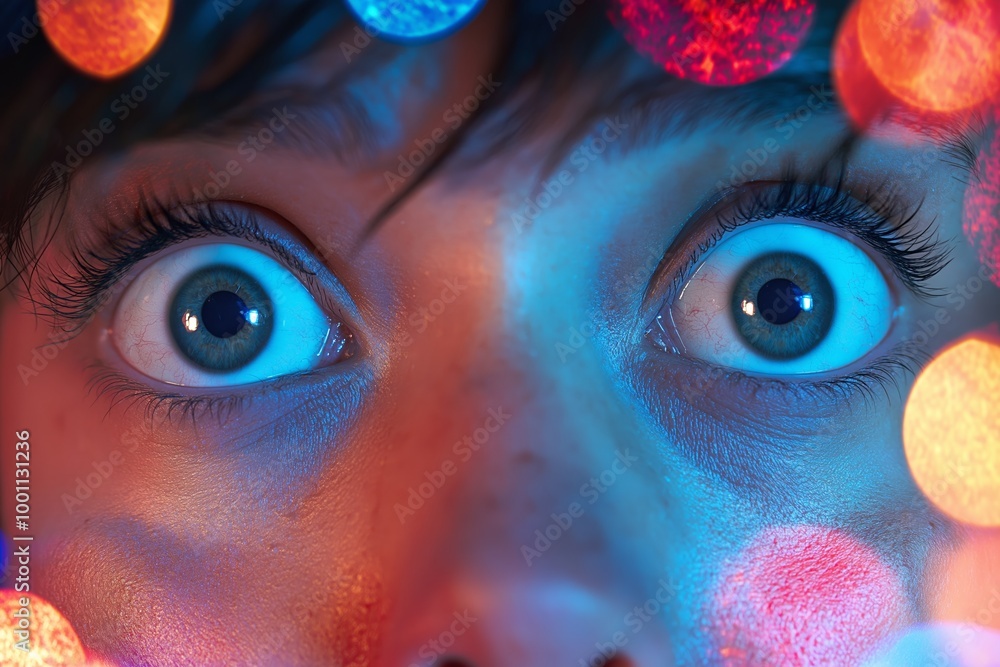 Aufkleber woman with blue eyes is looking at the camera. the background is a colorful pattern of circles. pers