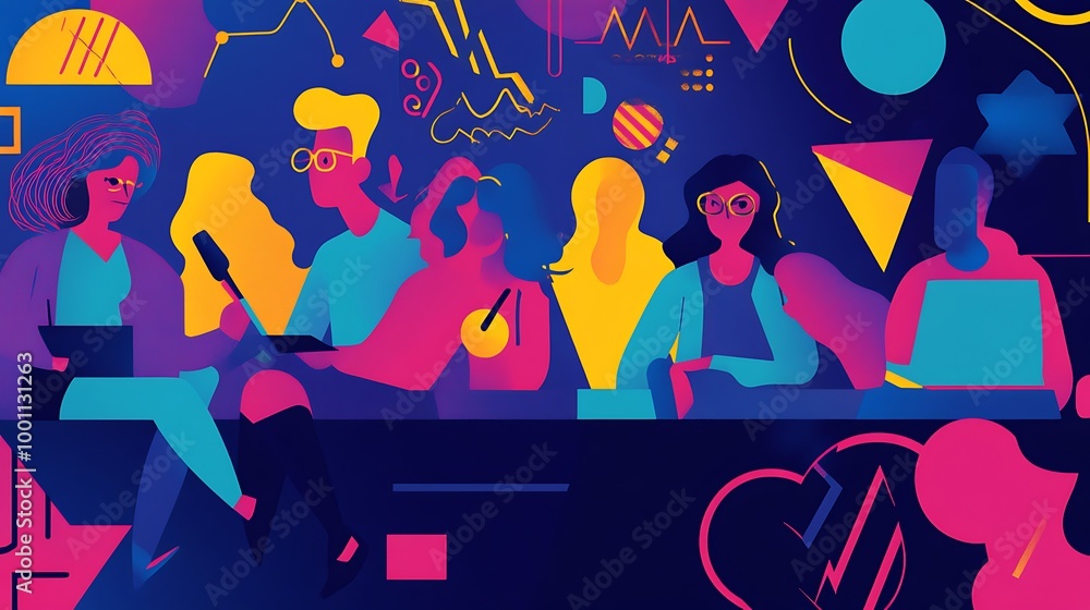 Poster A group of diverse individuals working together in a colorful and abstract environment.