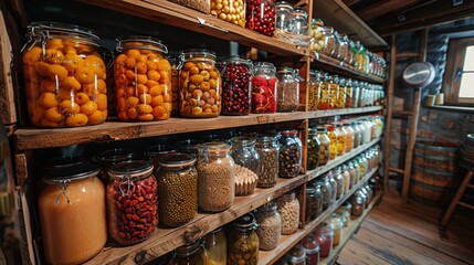 Obraz premium A beautifully organized pantry showcasing an array of preserved fruits, vegetables, legumes, and pickles stored in glass jars on wooden shelves