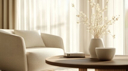 Neutral modern living room decor featuring soft beige tones, elegant furniture, and minimalist accents, creating a warm, inviting space.