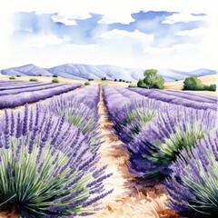Watercolor painting of lavender fields with white background