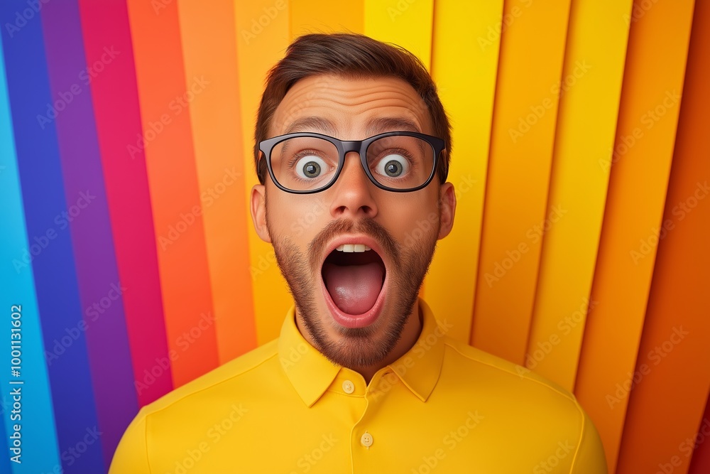 Poster man with glasses and a yellow shirt is making a surprised face. he has his mouth open and his eyes w