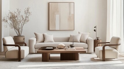 Neutral modern living room decor featuring soft beige tones, elegant furniture, and minimalist accents, creating a warm, inviting space.