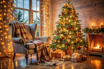 Cozy chair with a blanket, Christmas tree, and gifts near a fireplace. Banner, background for Christmas, New Year, holidays