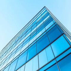 Obraz premium Modern glass building with blue reflections under clear sky.