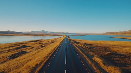 Fototapeta premium A scenic roadway in Iceland, stretching toward the horizon with precise road markings, flanked by serene lakes and a clear, expansive sky.