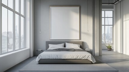 Modern Bedroom with City View and Blank Canvas