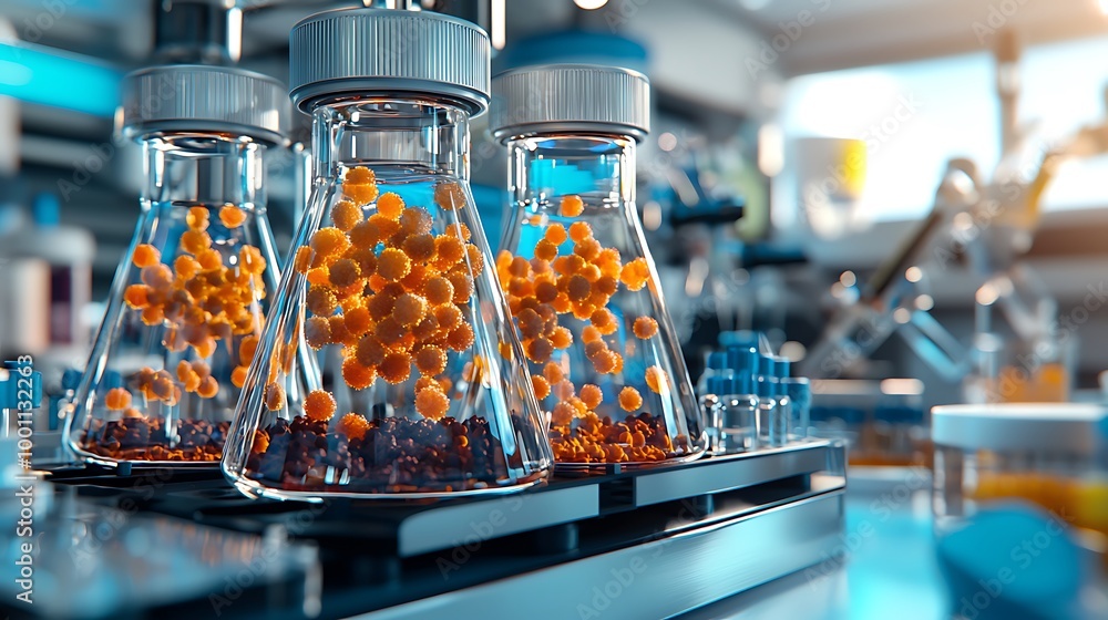 Poster glass flasks contain round objects, set up for an intriguing laboratory experiment.