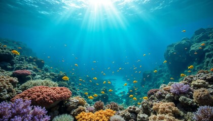 Underwater coral reef with various fish and sun rays shining through the water's surface