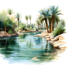 Fototapeta premium Watercolor painting of oasis with white background