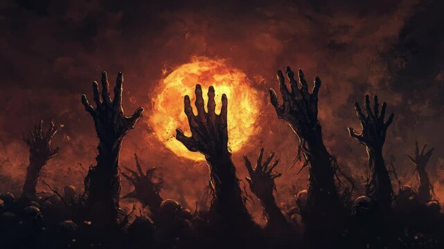 zombie hands rising in dark halloween night