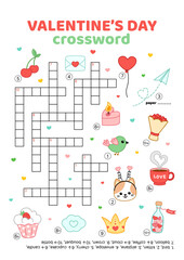Crossword. Love, heart. Valentines day. English words. Educational puzzle game for kids. Cartoon, vector
