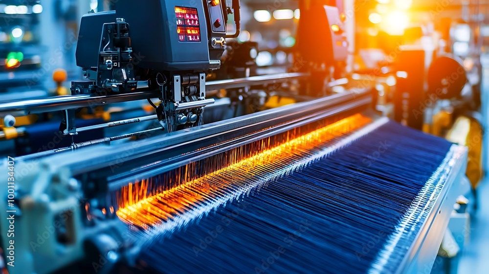Poster an industrial weaving machine works in close-up, bringing patterns to life from countless threads.