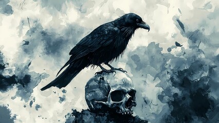 A dark, atmospheric illustration featuring a raven perched on a skull, set against an abstract, cloudy background.