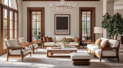 Sophisticated living room setting with wooden armchairs, matching ottomans, a sleek marble coffee table, and a crystal chandelier above.