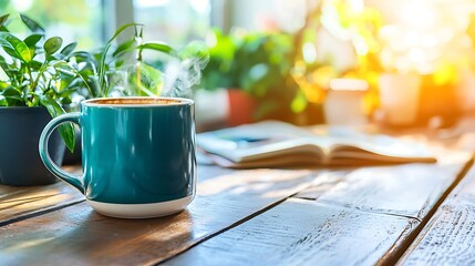 Steam rises from a coffee cup, with plants and an open book creating a peaceful scene.