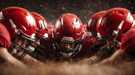 Fototapeta premium A dynamic huddle of football players, adorned in red helmets, showcases intensity amidst swirling dust. American Football Concept