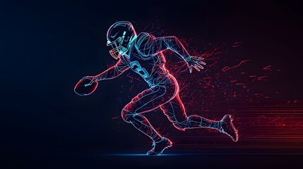 Fototapeta premium A football player sprints forward with intensity, illuminated by neon colors against a dark backdrop. American Football Concept