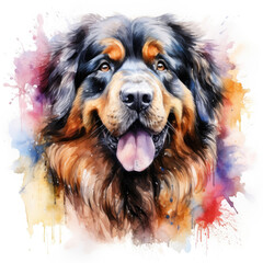Watercolor painting of tibetan mastiff with white background