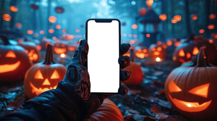 A night of horrors. A zombie is holding a cell phone with a white screen in his hand against the background of a field with a huge number of creepy scary pumpkins. Smartphone mockup. Happy Halloween