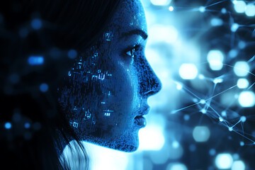A woman analyzing futuristic holographic data, showcasing innovation and advanced technology, surrounded by binary code and designed in a wireframe plexus style.