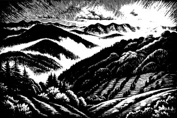 Monochrome Mountain Landscape with Dense Forest and Dramatic Sky in Woodcut Style