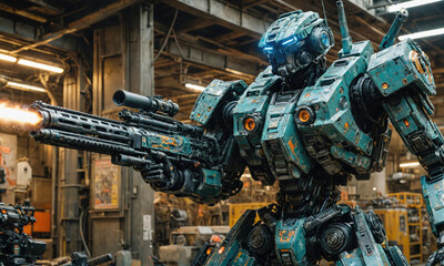 Fototapeta premium A teal robot fires a large weapon in a factory setting