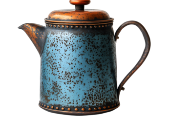 a blue and brown teapot. 