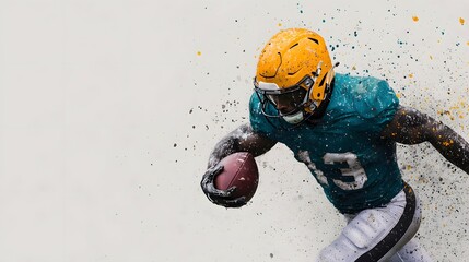 An intense football player in a teal jersey and yellow helmet makes a powerful dash, holding the ball firmly. The background is filled with colorful splashes. American Football Concept