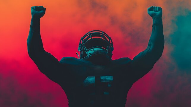 A football player raises his arms in triumph, silhouetted against an intense, colorful background. The vibrant hues evoke emotions of celebration and pride. American Football Concept