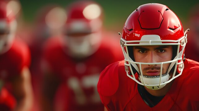 A determined quarterback in a vibrant red uniform intently reads the defense, others blurred behind him. American Football Concept - Powered by Adobe
