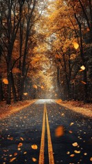 Obraz premium Autumn leaves falling on a serene road lined with vibrant trees