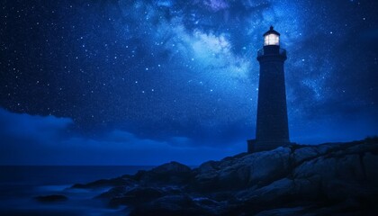 Lighthouse under the starry sky. Lighthouse beacon. Rocky coast with lighthouse. Celestial lighthouse.