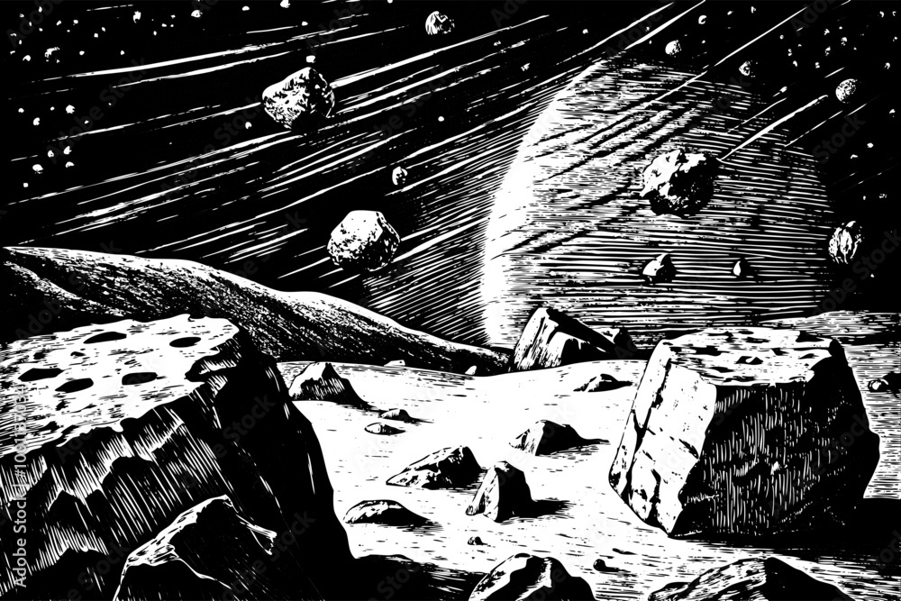 Poster retro space illustration of asteroid field with distant planetary view