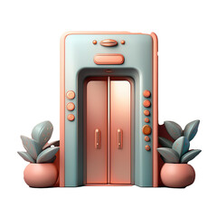 A cartoonish elevator with a pink and blue color scheme