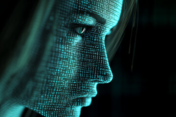 A woman analyzing futuristic holographic data, showcasing innovation and advanced technology, surrounded by binary code and designed in a wireframe plexus style.