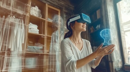 Un donna architetto, stilista, sistema guardaroba,  con visore VR interagisce con un progetto tridimensionale in realtà aumentata, rappresentando l'innovazione tecnologica e la creatività digitale.