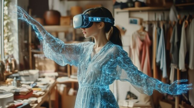 Un donna architetto, stilista, sistema guardaroba,  con visore VR interagisce con un progetto tridimensionale in realt&agrave; aumentata, rappresentando l'innovazione tecnologica e la creativit&agrave; digitale.