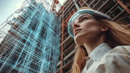 Un donna architetto con visore VR interagisce con un progetto tridimensionale in realtà aumentata, rappresentando l'innovazione tecnologica e la creatività digitale.