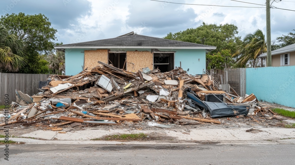 Wall mural the devastating impact of a hurricane is illustrated by the wreckage of a destroyed house, showcasin