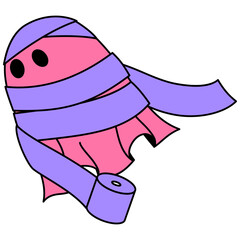 cute pink ghost is dress up as a mummy with toilet paper illustration