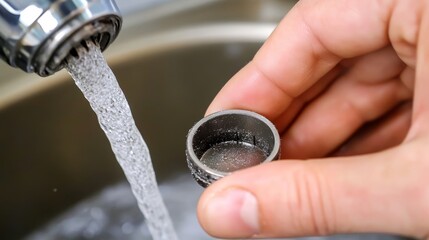 Obraz premium Close-up of an old tap aerator held in hand, showcasing the wear and tear, with a kitchen sink faucet in the background, emphasizing the importance of regular maintenance for water efficiency