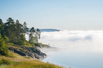 Misty haze drifting across the ocean and eastern helsinki on a sunny summer afternoon in finland