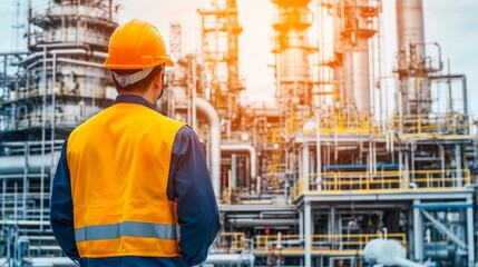 Professional factory worker wearing safety gear and hardhat conducts a thorough inspection of pipes in a refinery, ensuring operational efficiency and safety in industrial environments