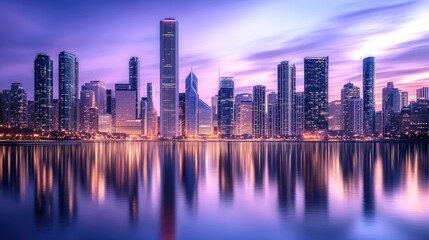 Fototapeta premium A sprawling city skyline at dusk, with tall skyscrapers illuminated and their reflections shimmering on the water, creating a stunning modern urban panorama