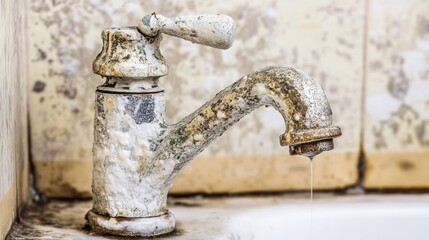 Close-up of a tap covered in limescale buildup, illustrating the need for regular maintenance to prevent plumbing issues and ensure efficient water flow in household environments
