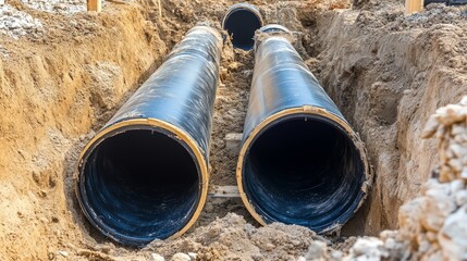Water PVC plastic pipes laid in the ground at a plumbing construction site, illustration essential infrastructure development and the importance of quality materials in modern construction projects