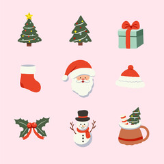 tree, snowman, santaclaus, gift christmas set for elements, sticker, clipart